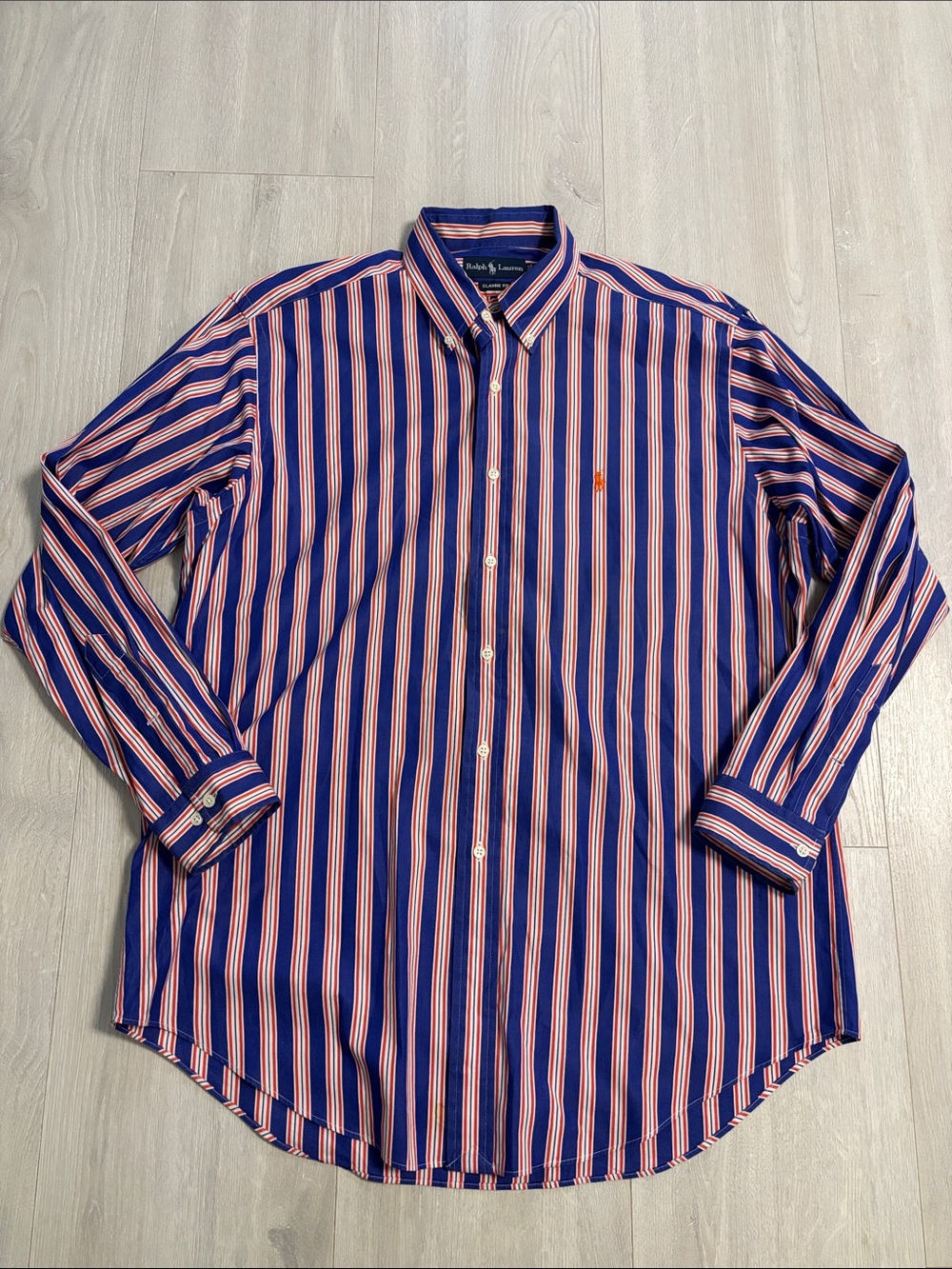🔥BUNDLESALE Mens 16.5 34/35 Ralph Lauren Blue and Orange Classic Striped Shirt
